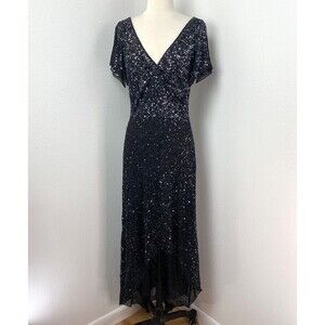 Vintage Black Bead Sequin Maxi Evening Dress Size 6 Short Flutter Sleeves High-L